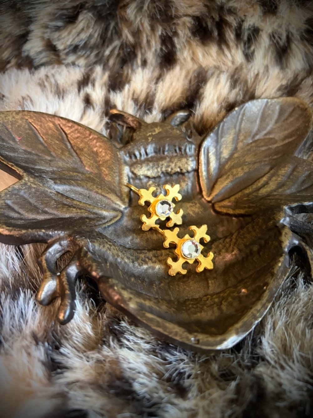 Gold Fluer Stud Earrings with Clear Crystals